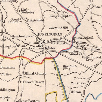 Alte Karte von Huntingdonshire von Samuel Lewis, 1844: Huntingdonshire, Stamford, Peterborough, St. Ives, Oundle, Huntingdon