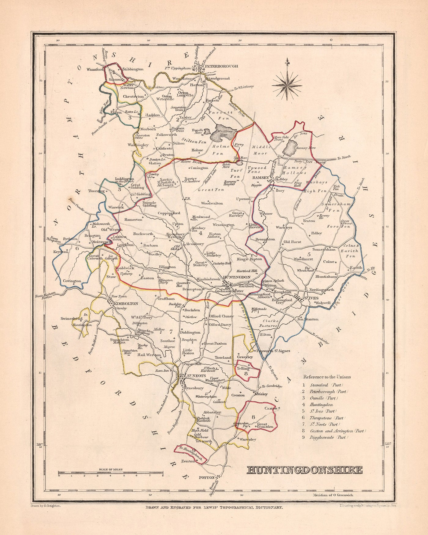 Ancienne carte du Huntingdonshire par Samuel Lewis, 1844 : Huntingdonshire, Stamford, Peterborough, St Ives, Oundle, Huntingdon