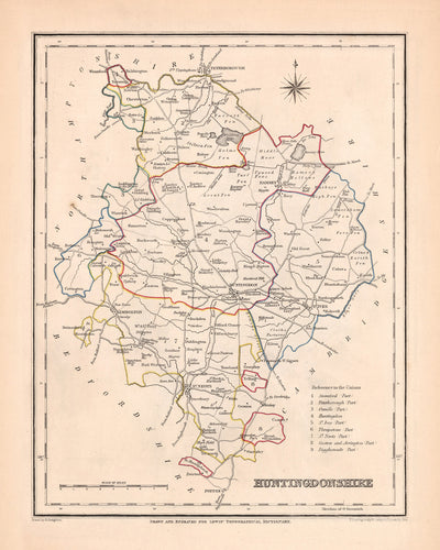 Alte Karte von Huntingdonshire von Samuel Lewis, 1844: Huntingdonshire, Stamford, Peterborough, St. Ives, Oundle, Huntingdon
