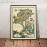 Mappa antica di Ibiza e Formentera, 1934: Carta illustrativa delle attrazioni turistiche, luoghi di interesse, Mediterraneo 