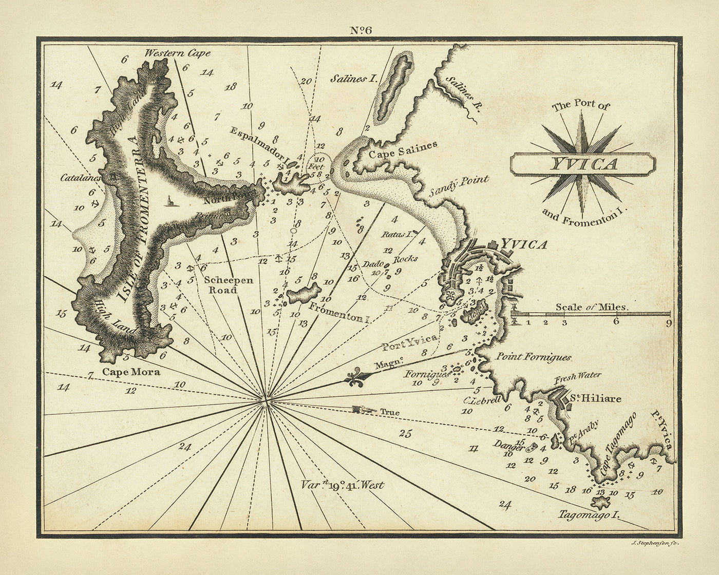 Alte Karte von Ibiza von Heather, 1802: Ibiza-Stadt, St. Hiliare, Hafen von Yvica, Fromenterra, Balearen