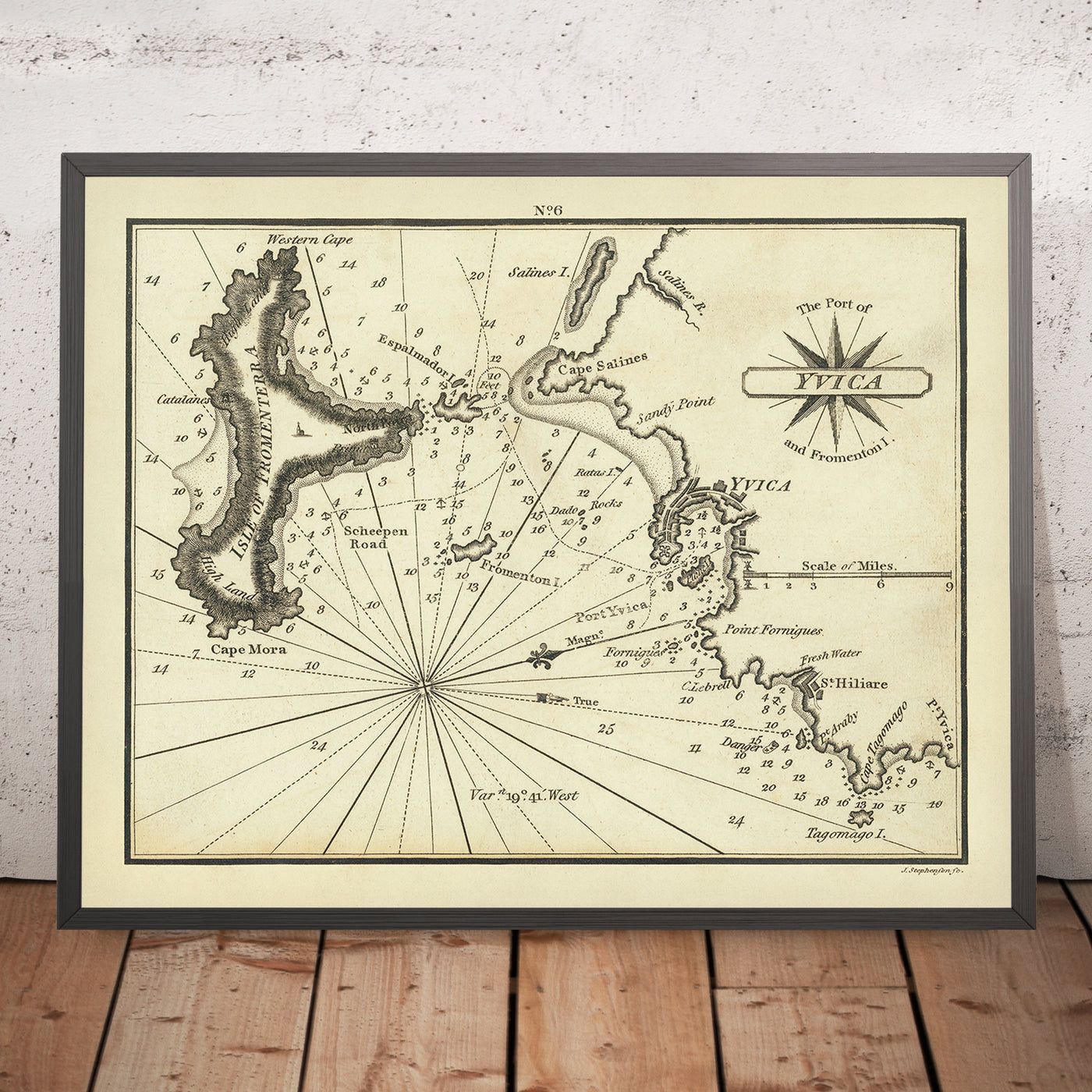 Ancienne carte d'Ibiza par Heather, 1802 : ville d'Ibiza, Saint-Hiliare, port d'Yvica, Fromenterra, îles Baléares