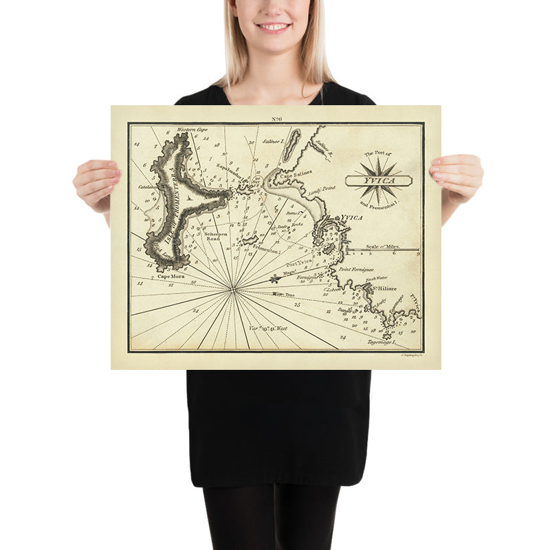 Mapa antiguo de Ibiza por Heather, 1802: Ciudad de Ibiza, St. Hiliare, Puerto de Yvica, Fromenterra, Islas Baleares