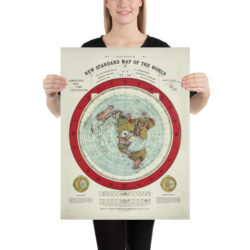 Old Flat Earth World Map, 1892, by Alexander Gleason - Rare Patented Polar Azimuthal Projection