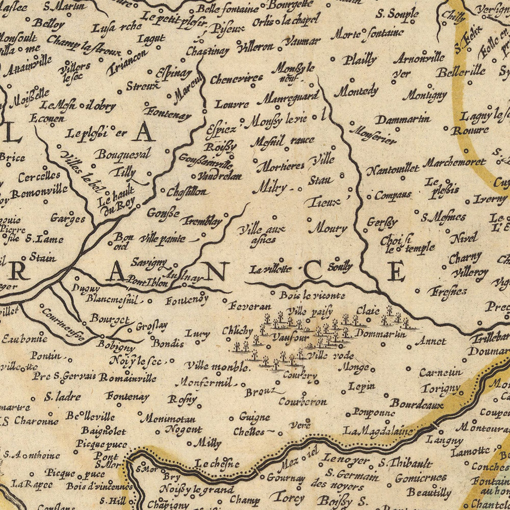 Mapa antiguo de Île-de-France de Visscher, 1690: París, Versalles, Créteil, Compiègne, parque Vexin Français