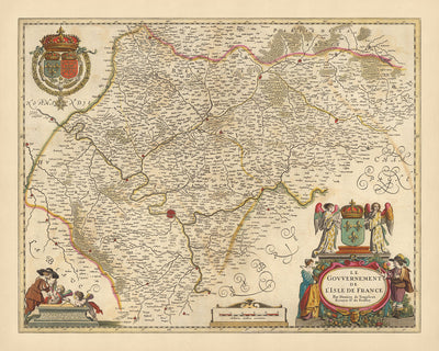 Mapa antiguo de Île-de-France de Visscher, 1690: París, Versalles, Créteil, Compiègne, parque Vexin Français