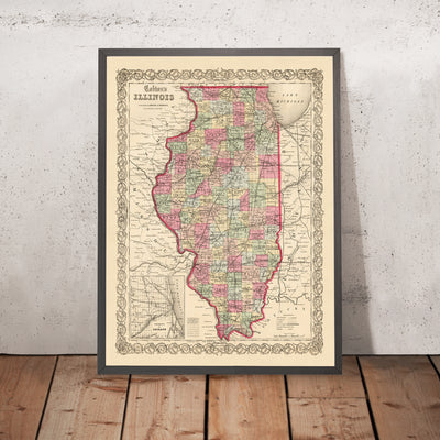 Ancienne carte de l'Illinois par JH Colton, 1855 : Chicago, Peoria, Springfield, Galena, Quincy