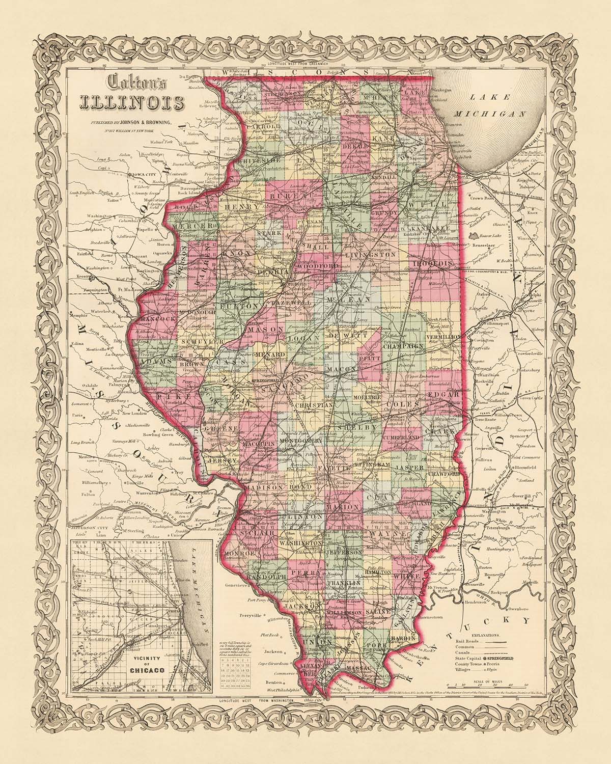 Mapa antiguo de Illinois por JH Colton, 1855: Chicago, Peoria, Springfield, Galena, Quincy