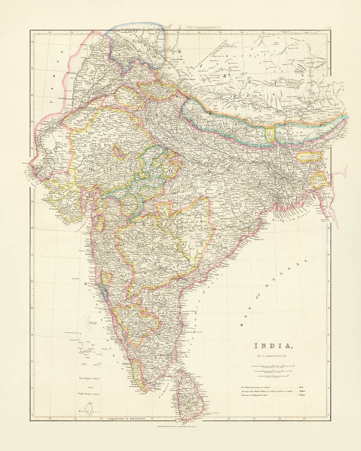 Old Map of India, Pakistan & Bangladesh by Arrowsmith, 1857: Ceylon, Tibet, Nepal, Himalayas, Ganges River Plains