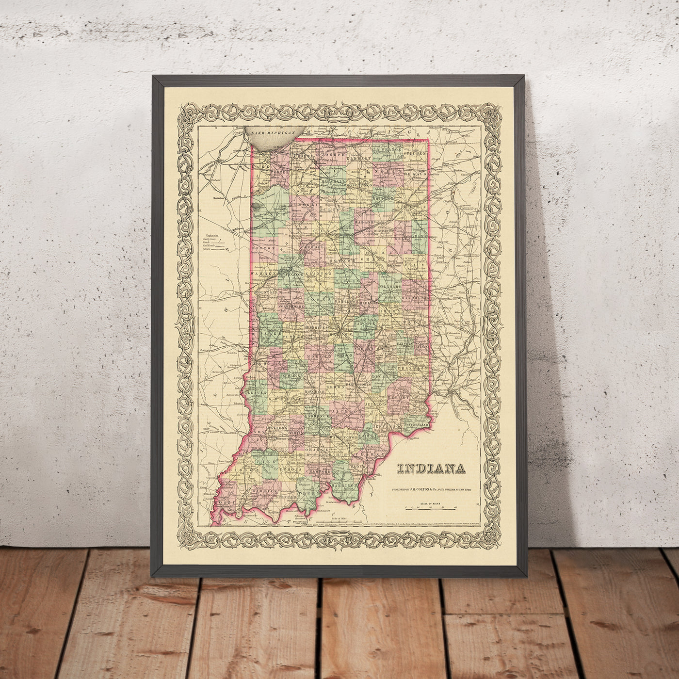 Ancienne carte de l'Indiana par JH Colton, 1855 : Indianapolis, Fort Wayne, New Albany, Terre Haute, Lafayette