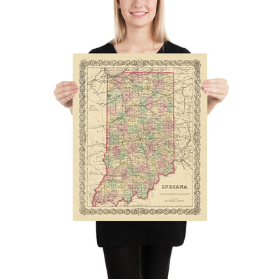 Ancienne carte de l'Indiana par JH Colton, 1855 : Indianapolis, Fort Wayne, New Albany, Terre Haute, Lafayette