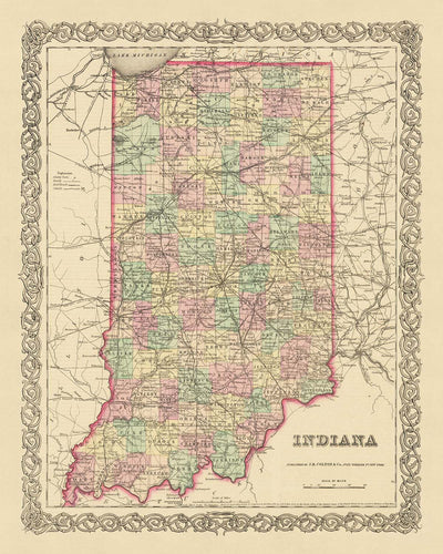 Alte Karte von Indiana von JH Colton, 1855: Indianapolis, Fort Wayne, New Albany, Terre Haute, Lafayette