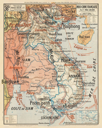 Ancienne carte de l'Asie du Sud-Est par Vidal de La Blache, 1897 : Hanoï, Bangkok, Mékong, Canal de Suez, Indochine française