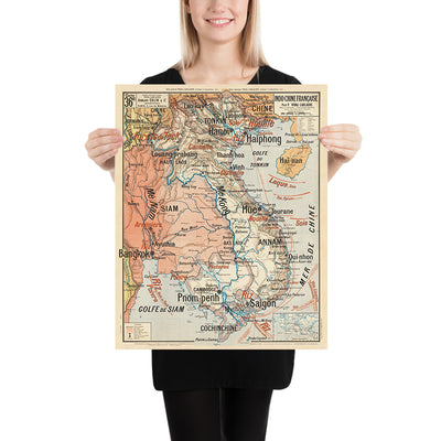 Ancienne carte de l'Asie du Sud-Est par Vidal de La Blache, 1897 : Hanoï, Bangkok, Mékong, Canal de Suez, Indochine française