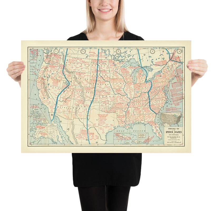 Old Map of USA and the Philippines, 1901: Industrial Production, Time Zones, New Possessions