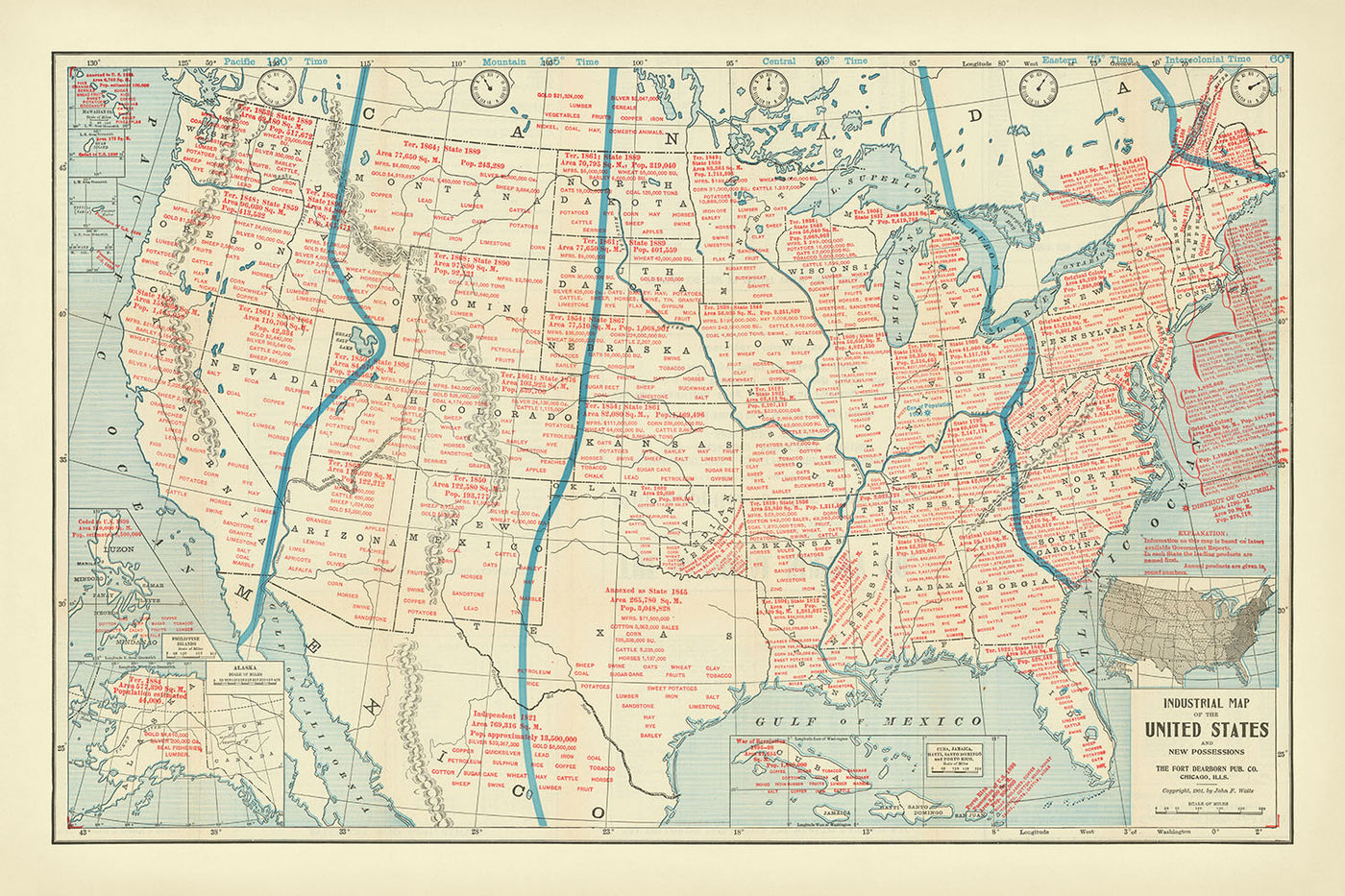 Old Map of USA and the Philippines, 1901: Industrial Production, Time Zones, New Possessions