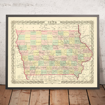 Alte Karte von Iowa von J. H. Colton, 1856: Des Moines, Iowa City, Dubuque, Davenport, Burlington 