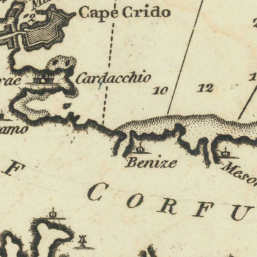 Alte Seekarte von Korfu und der albanischen Küste von Heather, 1802: Fort St. Stephen, Port Cavagol, venezianischer Einfluss