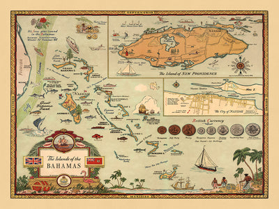 Alte Karte der Bahamas, 1951: Bildliche thematische Karte von Nassau, New Providence und dem Leben auf den Bahamas