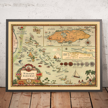 Mapa antiguo de las Bahamas, 1951: Mapa pictórico de Nassau, Nueva Providencia y la vida bahameña 