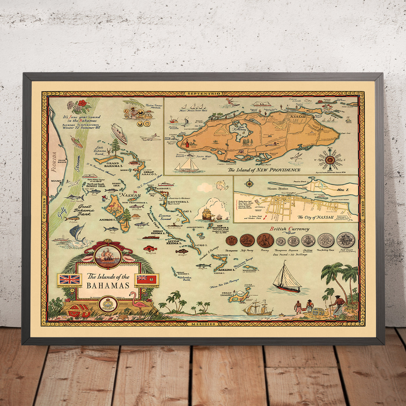 Mapa antiguo de las Bahamas, 1951: mapa temático pictórico de Nassau, Nueva Providencia y la vida en las Bahamas