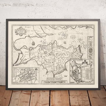 Antiguo mapa monocromo de la Isla de Wight, 1611 por John Speed - Newport, Ride, Cowes, Sandown, Shanklin, Southampton