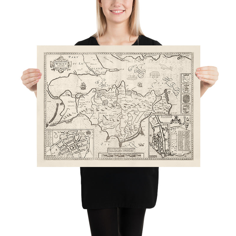 Antiguo mapa monocromo de la Isla de Wight, 1611 por John Speed - Newport, Ride, Cowes, Sandown, Shanklin, Southampton