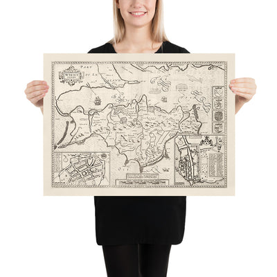 Antiguo mapa monocromo de la Isla de Wight, 1611 por John Speed - Newport, Ride, Cowes, Sandown, Shanklin, Southampton
