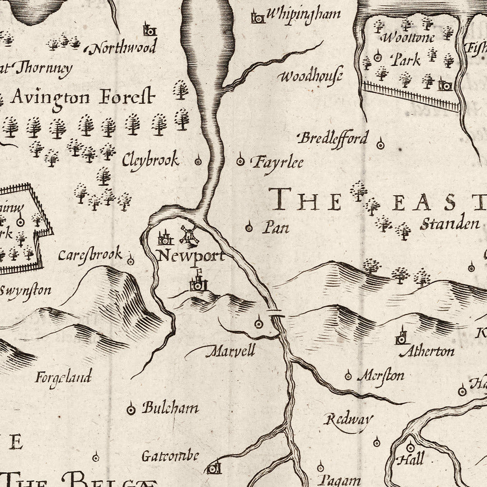 Antiguo mapa monocromo de la Isla de Wight, 1611 por John Speed - Newport, Ride, Cowes, Sandown, Shanklin, Southampton