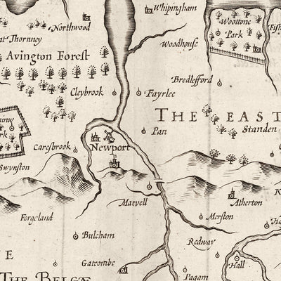 Antiguo mapa monocromo de la Isla de Wight, 1611 por John Speed - Newport, Ride, Cowes, Sandown, Shanklin, Southampton