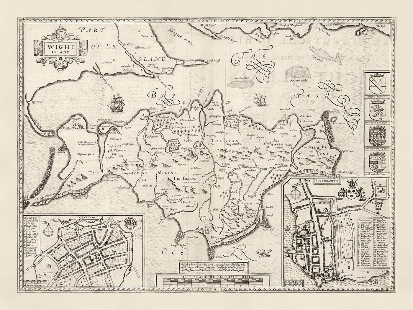 Antiguo mapa monocromo de la Isla de Wight, 1611 por John Speed - Newport, Ride, Cowes, Sandown, Shanklin, Southampton