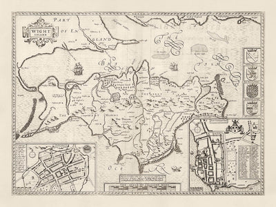 Antiguo mapa monocromo de la Isla de Wight, 1611 por John Speed - Newport, Ride, Cowes, Sandown, Shanklin, Southampton