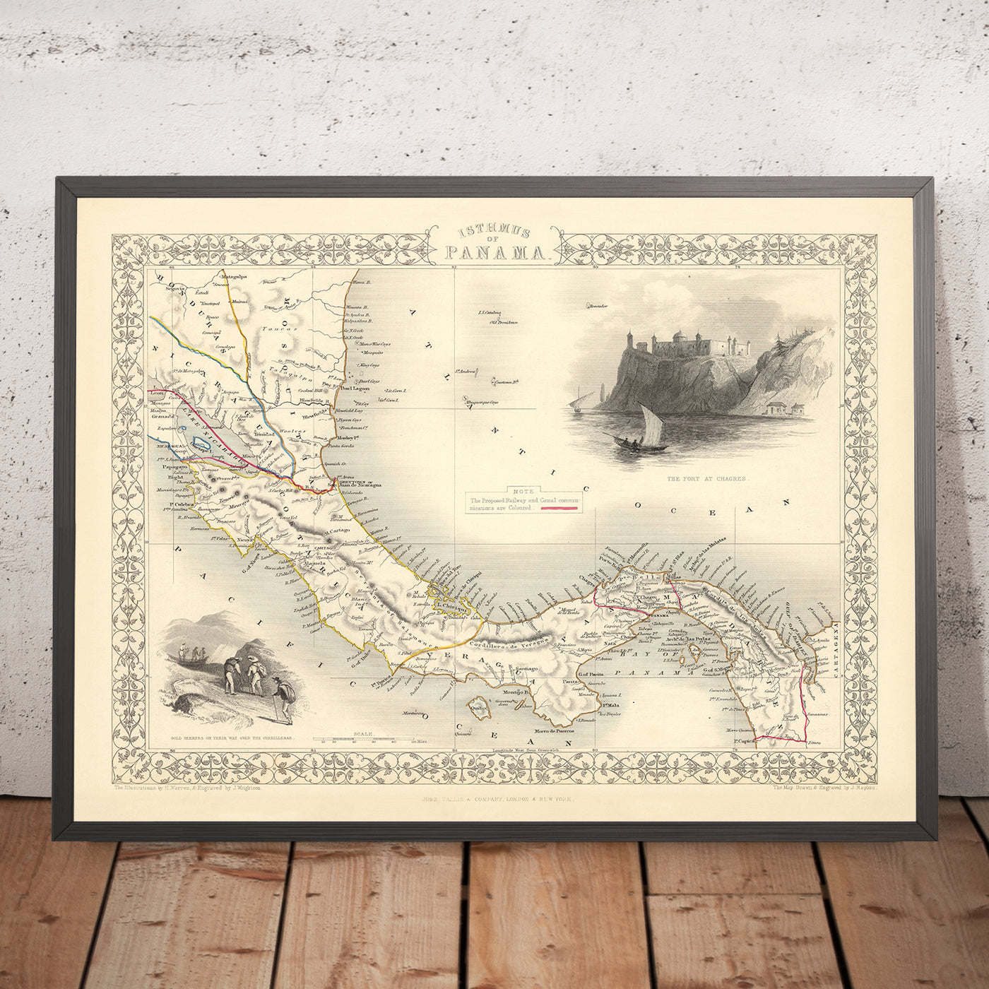 Old Detailed Map of Panama by Tallis, 1851: Panama Canal, Pacific Ocean, Caribbean Sea, Chagres River, Cordillera de San Blas