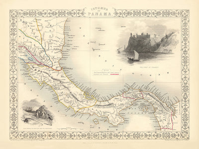 Old Detailed Map of Panama by Tallis, 1851: Panama Canal, Pacific Ocean, Caribbean Sea, Chagres River, Cordillera de San Blas