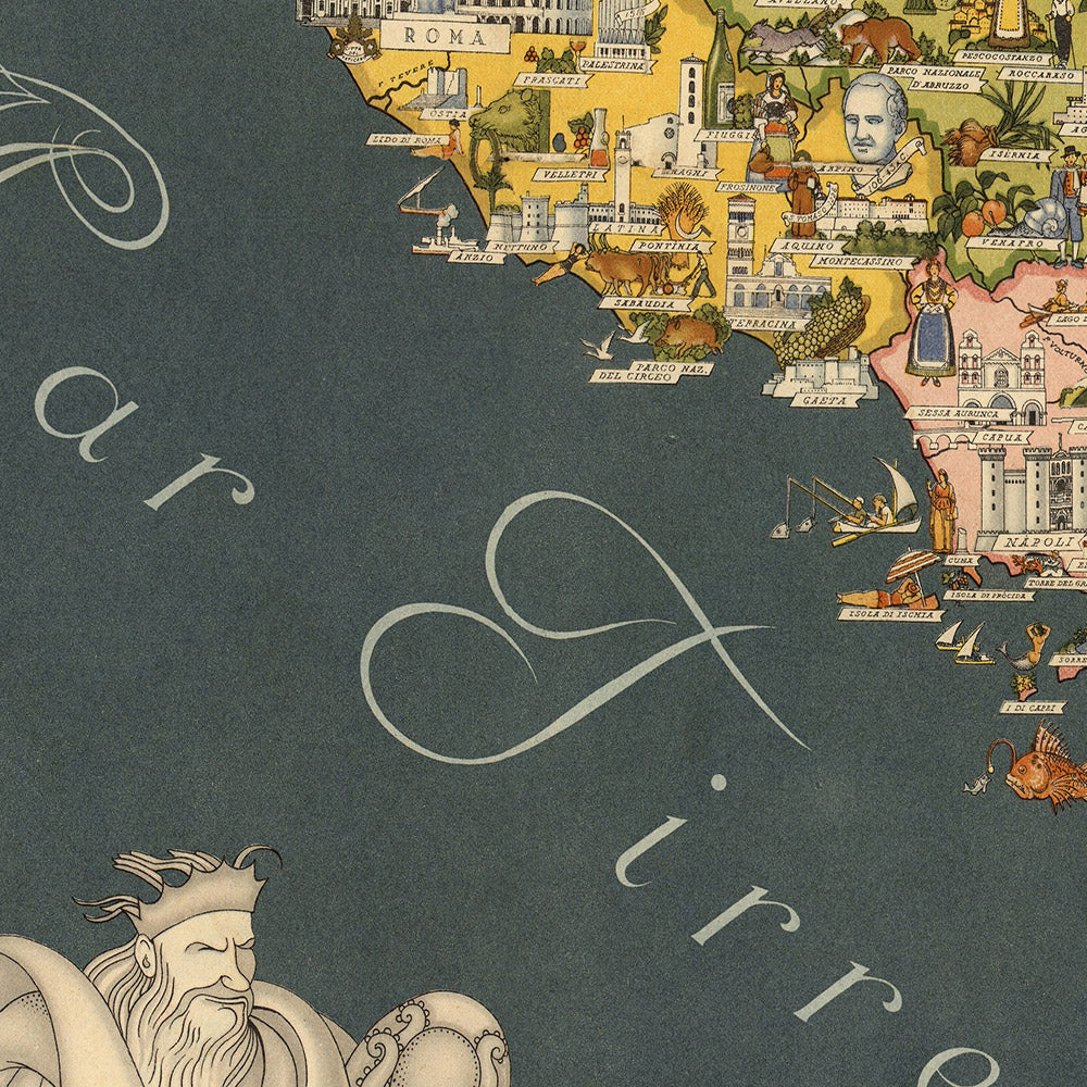 Old Pictorial Map of Italy by De Agostini, 1938: Rome, Milan, Venice, Alps, Regions, Sicily, Sardinia, etc