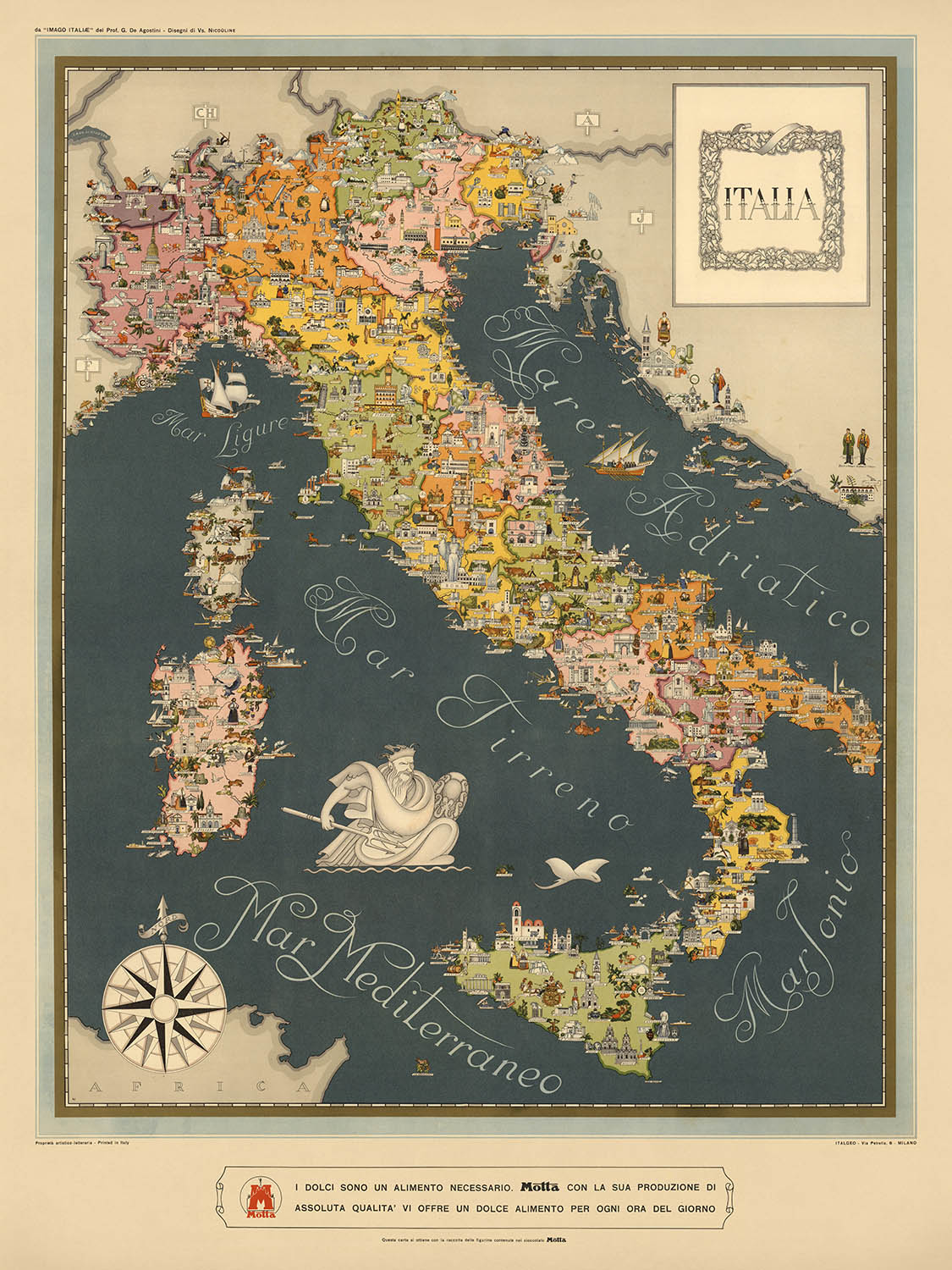 Old Pictorial Map of Italy by De Agostini, 1938: Rome, Milan, Venice, Alps, Regions, Sicily, Sardinia, etc
