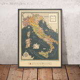 Ancienne carte picturale de l'Italie par De Agostini, 1938 : Rome, Milan, Venise, Alpes, Régions, Sicile, Sardaigne, etc. 