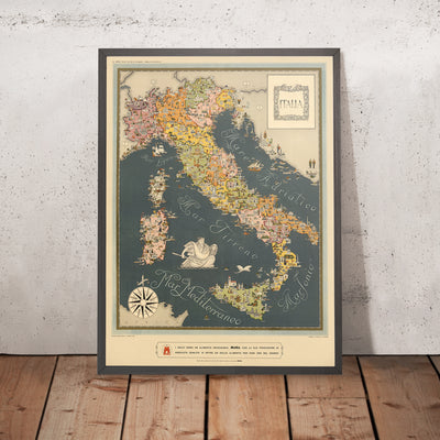 Ancienne carte de l'Italie par De Agostini, 1938 : Rome, Milan, Venise, Alpes, époque fasciste
