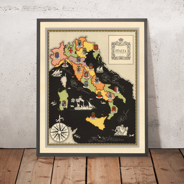 Antigua Mapa Pictórico de las Capitales Regionales de Italia, 1938: Escudo de la Ciudad, Roma, Milano, Firenze, Venezia, Napoli, etc. 