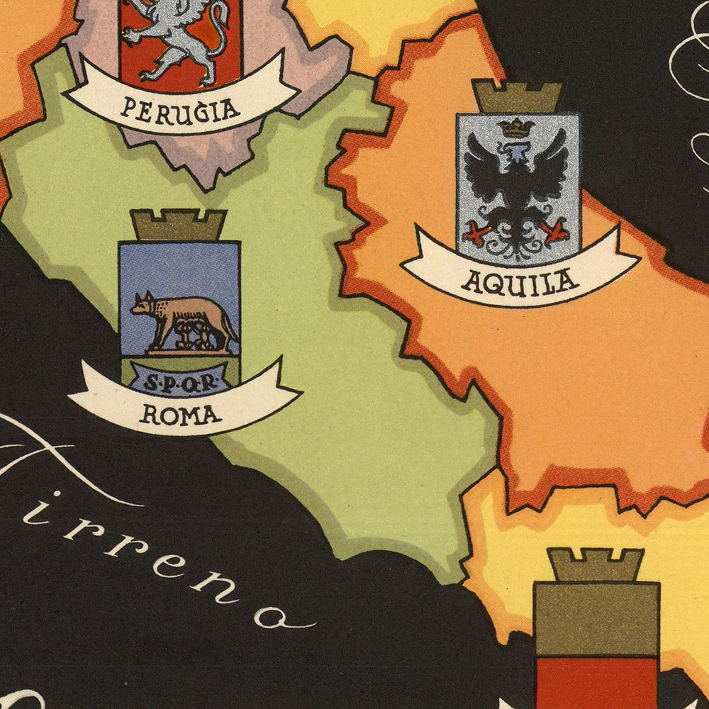 Antiguo mapa de Italia, 1938: Regiones, Alpes, Apeninos, Roma, Milán