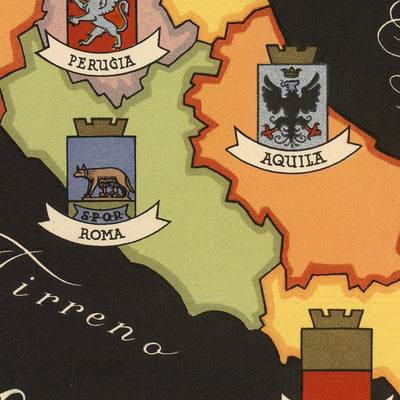 Ancienne carte de l'Italie, 1938 : Régions, Alpes, Apennins, Rome, Milan