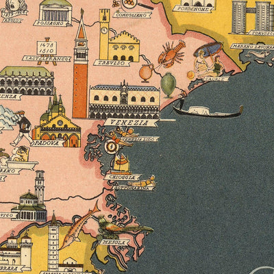 Alter bildlicher Karte von Italien von De Agostini, 1938: Rom, Mailand, Venedig, Alpen, Regionen, Sizilien, Sardinien usw. 
