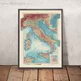 Ancienne carte de l'Italie, 1967 : Corse, Sardaigne, Sicile, mer Tyrrhénienne, mer Adriatique 