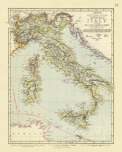 Antiguo mapa temático de Italia, 1883: Roma, Nápoles, Venecia, Monte Etna, Montes Apeninos