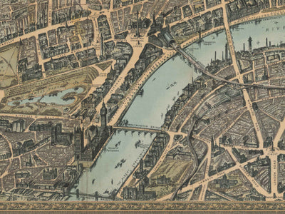 Alte Vogelperspektivenkarte von London im Jahr 1892 von Charles Baker & Co - Westminster, City of London, Lambeth, Covent Garden, Marylebone