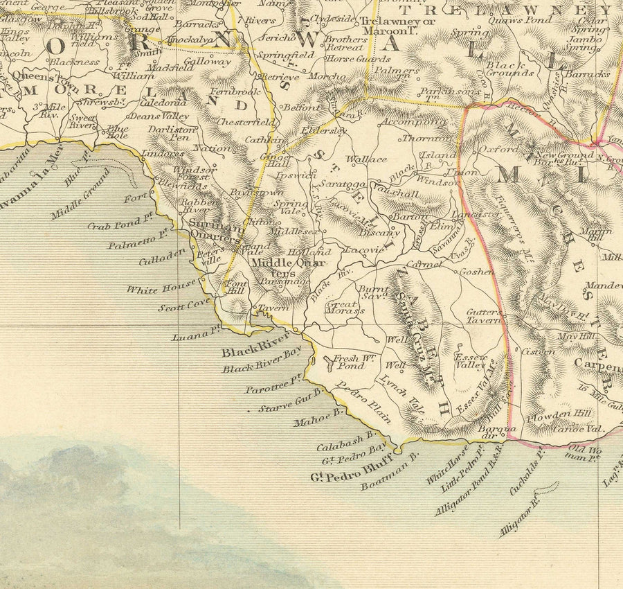 Old Map of Jamaica by Tallis and Rapkin in 1851 - Kingston, Portmore, Montego Bay, Black River, Savanna la Mar