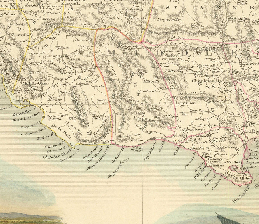 Old Map of Jamaica by Tallis and Rapkin in 1851 - Kingston, Portmore, Montego Bay, Black River, Savanna la Mar