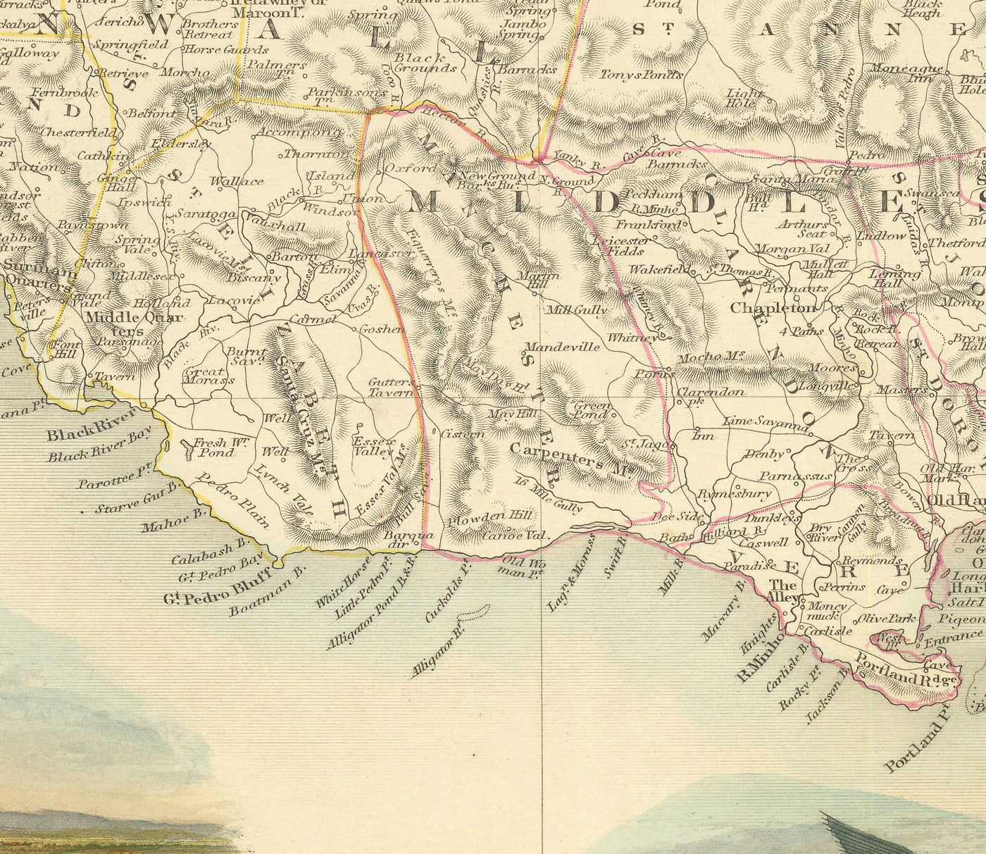 Ancienne carte de la Jamaïque par Tallis et Rapkin en 1851 - Kingston, Portmore, Montego Bay, Black River, Savanna la Mar