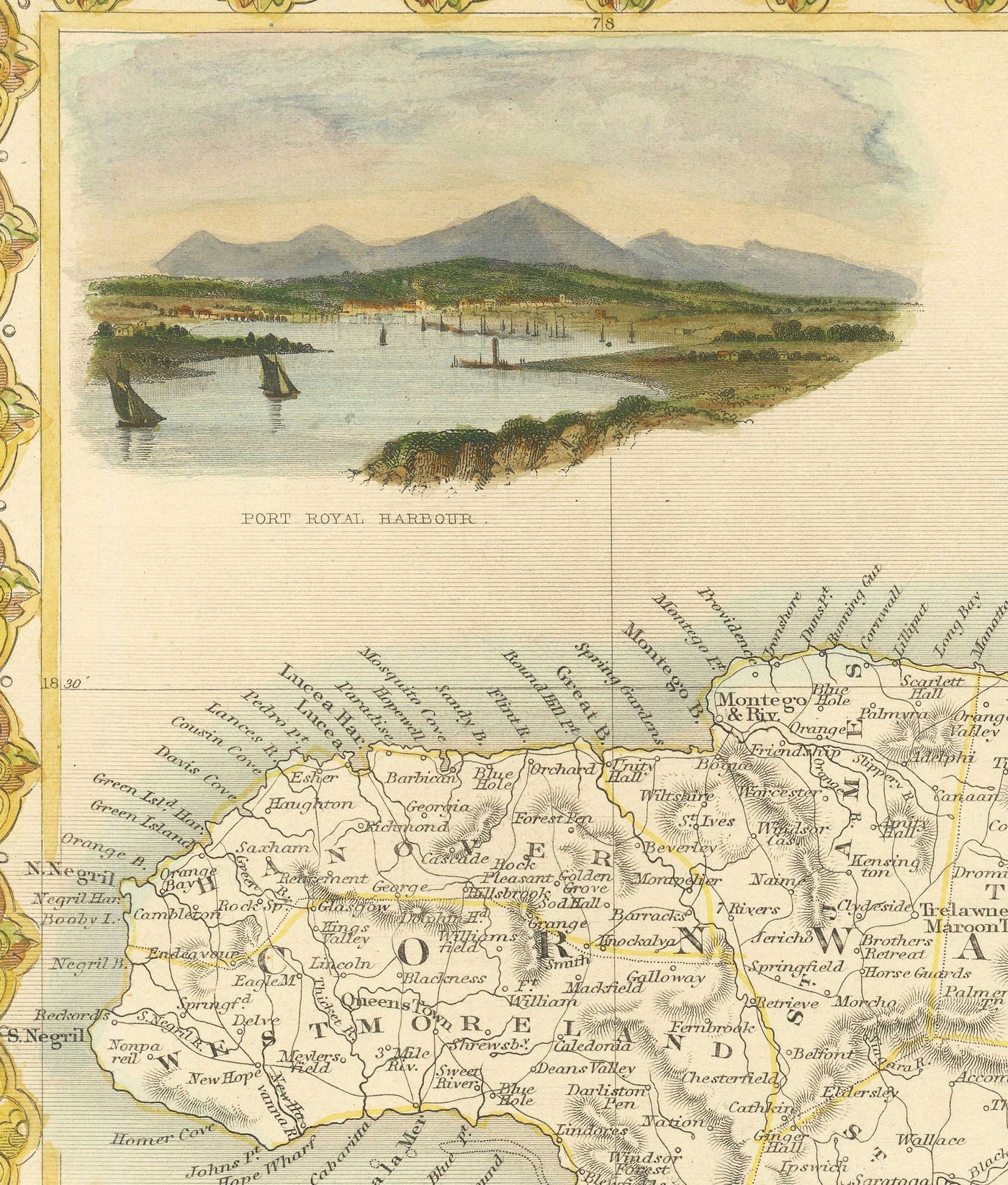 Antiguo mapa de Jamaica por Tallis y Rapkin en 1851 - Kingston, Portmore, Montego Bay, Black River, Savanna la Mar