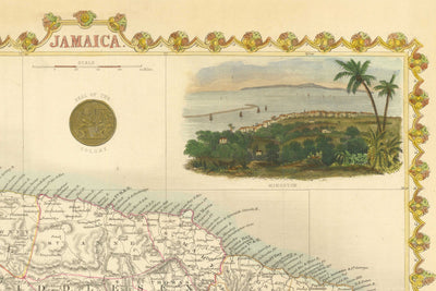 Old Map of Jamaica by Tallis and Rapkin in 1851 - Kingston, Portmore, Montego Bay, Black River, Savanna la Mar
